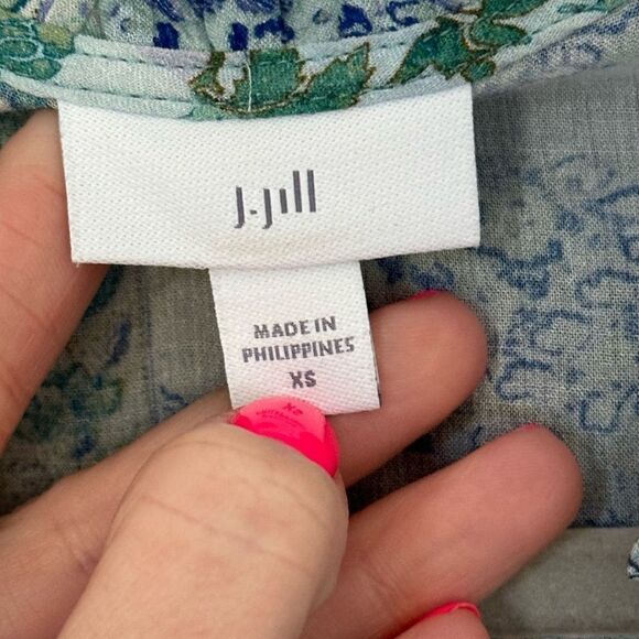 J. Jill Blue & Green Patchwork Print Split Neck 3/4 Sleeve Boho Tunic Top - Picture 6 of 6